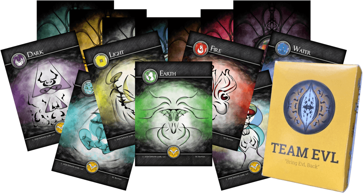 The Element cards — Dark, Light, Earth, Fire and Water — fanned out beside the Team EvL box