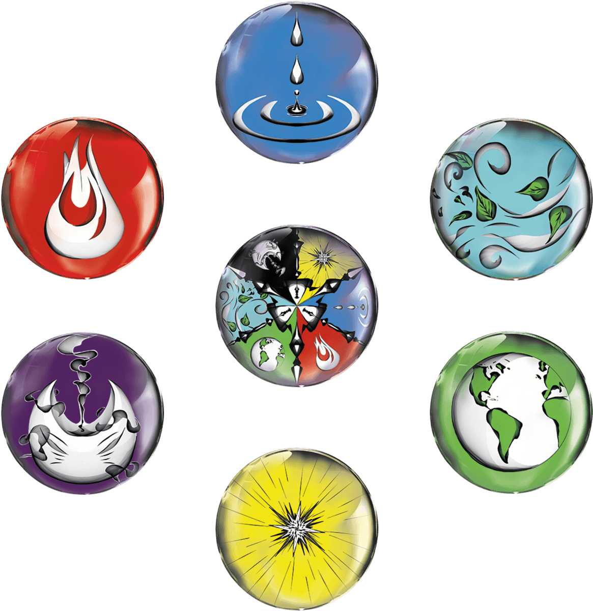 The Element orbs — Fire, Water, Air, Earth, Light, Dark and the wheel that holds them