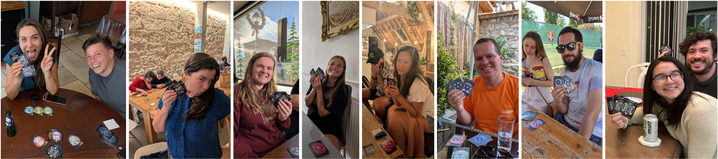 A strip of eight photos of Team EvL players around the world, each grinning and holding up their cards