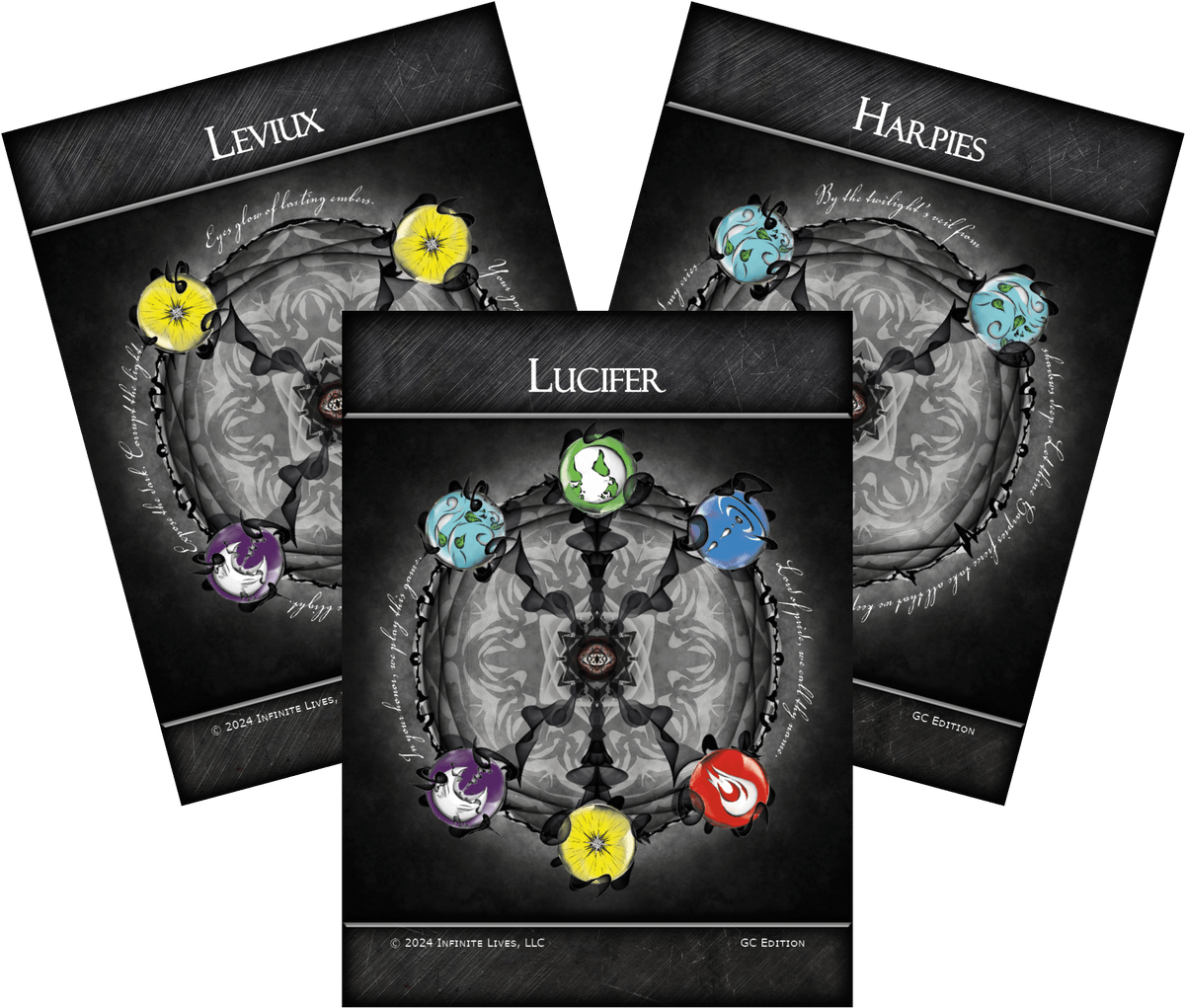 Three Ritual Cards fanned out — Leviux, Harpies and Lucifer — each showing the Elements arranged around its circle