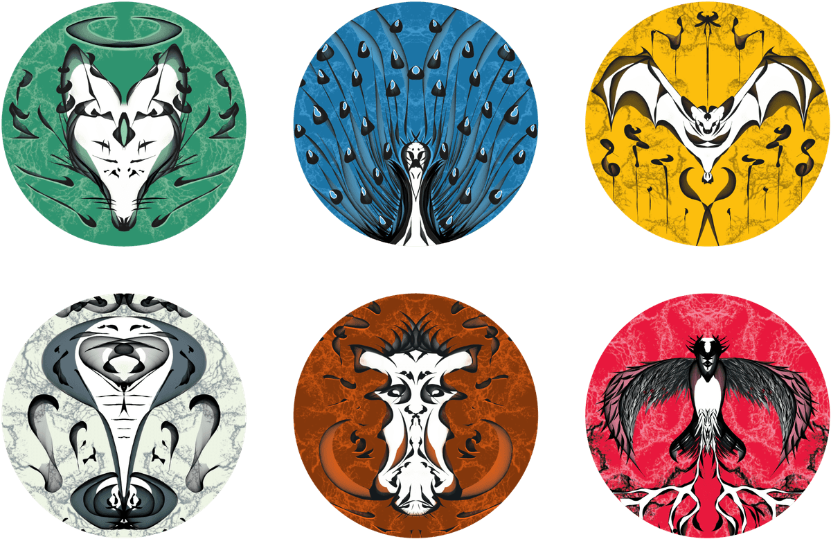 The Element tokens — the six pieces a turn moves within the ritual circle