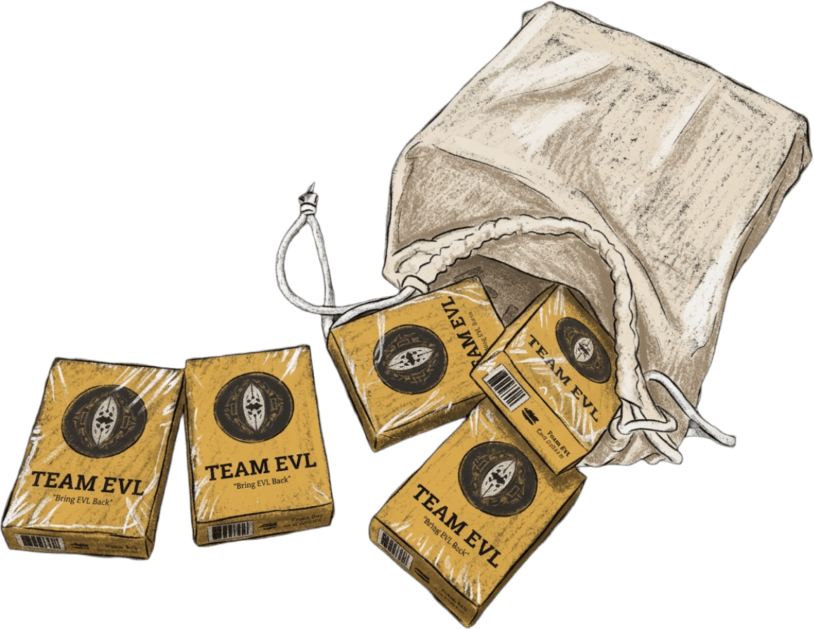 Five shrink-wrapped Team EvL decks spilling out of their cream drawstring bag