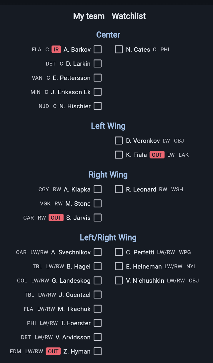 My team and the watchlist side by side, grouped by position, with injured players flagged